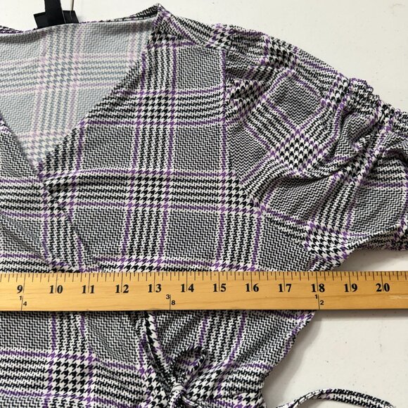 Torrid Plaid Wrap Midi Dress Ruched Sleeves Black Gray Purple Women’s 00 (M/L10) - Picture 10 of 11